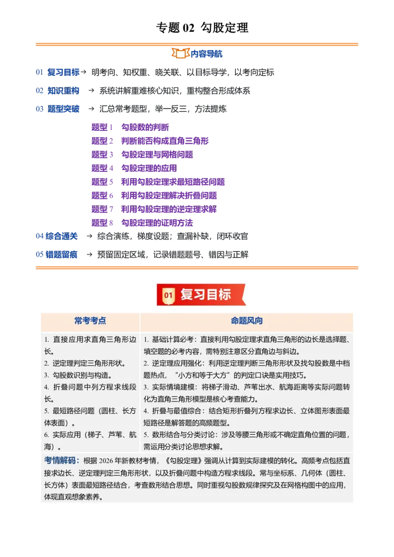 《专题02勾股定理(暑假复习讲义)(解析版)_26秋小学初中各机构教辅大合集（一本、教材帮、阳光同学、王朝霞、实验班、小典中点、上分卷、白欧、课堂笔记等等）_26秋初中教辅资料_复习》第1页预览