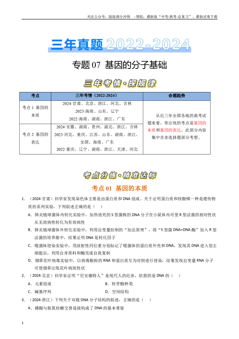 《专题07基因的分子基础（原卷版）_06-生物-高考总复习_专项复习_2025年_五年2020-2024高考真题分类汇编生物真题分类汇编（全国通用）》第1页预览