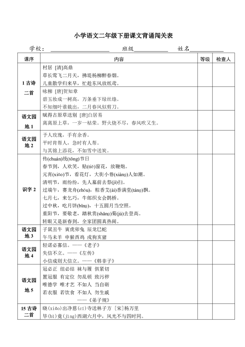 《B20145二年级语文下册必背闯关表(微信564455174)_2年级下册同步教辅_2下-语文_二下语文-重点必备资料》第1页预览