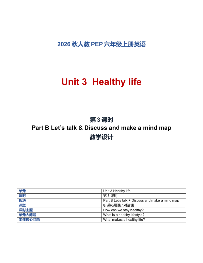 《U3L3PartBLet’stalk&Discussandmakeamindmap教学设计_小学英语_26秋人教PEP版英语6年级上册核心素养教案+课件新版_2026秋人教版六上英语_6上-人教PEP版英语（2026秋持续更新）_01课件+教案》第1页预览
