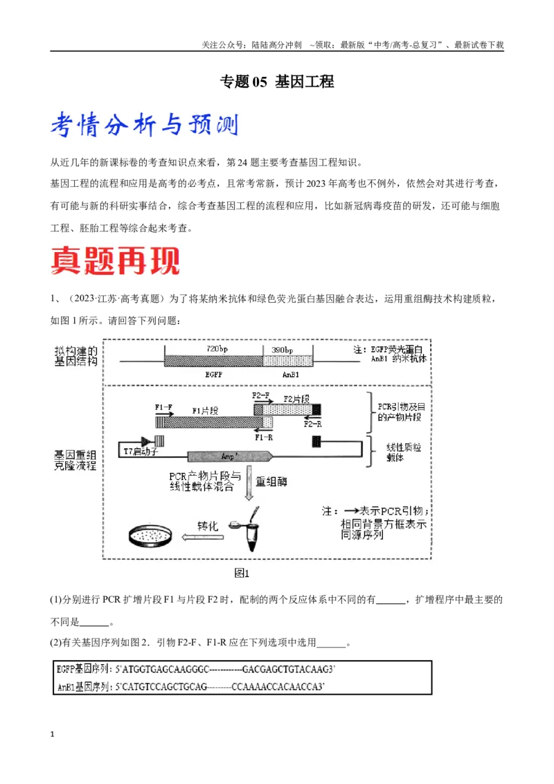 《专题05基因工程（江苏卷）（原卷版）_06-生物-高考总复习_专项复习_2024年_2024年高考生物考前大题秒杀技巧及专项训练_资料》第1页预览