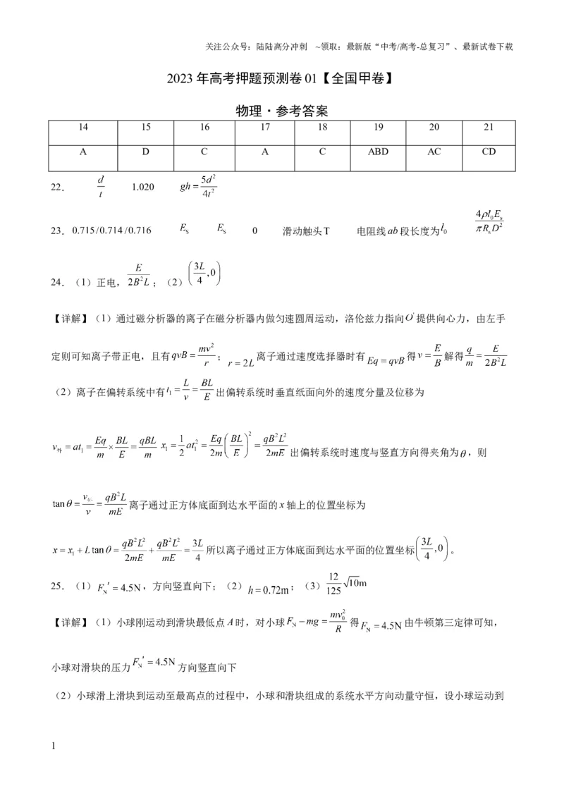 《2023年高考押题预测卷01（全国甲卷）-物理（参考答案）_04-物理-高考总复习_专项复习_2024年_2023年高考押题预测卷01物理》第1页预览