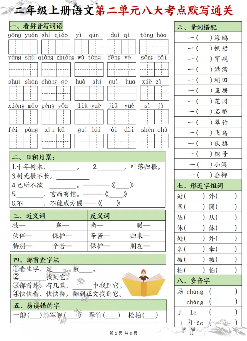 《24版二年级上册语文1-8单元填空八大考点默写通关空白SY_2年级上册同步教辅_2上-语文_二上语文-核心考点》第2页预览