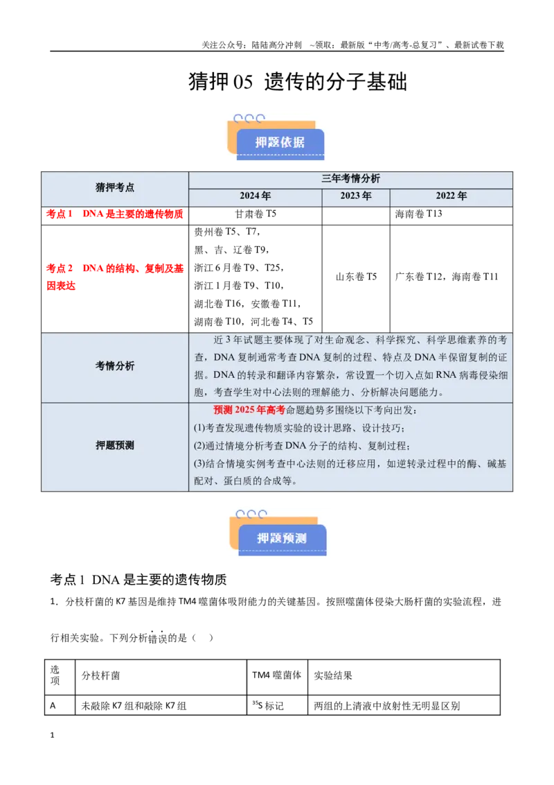 《猜押05遗传的分子基础（教师版）_06-生物-高考总复习_专项复习_2025年_2025年高考生物抢分秘籍（新高考专用）_2025版》第1页预览