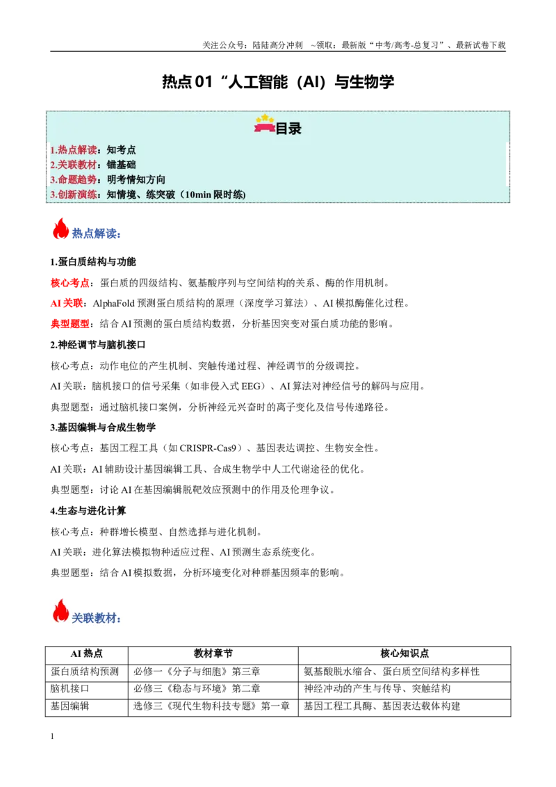 《热点01“人工智能（AI）与生物学（学生版）_06-生物-高考总复习_专项复习_2025年_2025年高考生物重难点讲义专练（新高考通用）》第1页预览