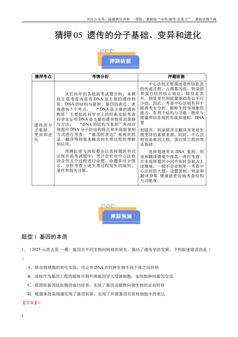《猜押05遗传的分子基础、变异和进化（教师版）_06-生物-高考总复习_专项复习_2025年_2025年高考生物抢押秘籍（陕西、山西、宁夏、青海专用）》第1页预览