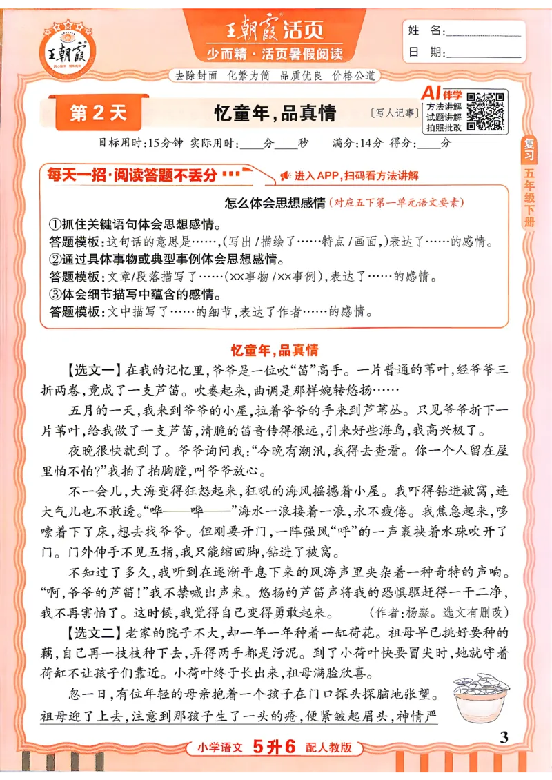 《26秋王朝霞活页暑假阅读5升6_26秋小学初中各机构教辅大合集（一本、教材帮、阳光同学、王朝霞、实验班、小典中点、上分卷、白欧、课堂笔记等等）_26秋小学教辅资料》第3页预览