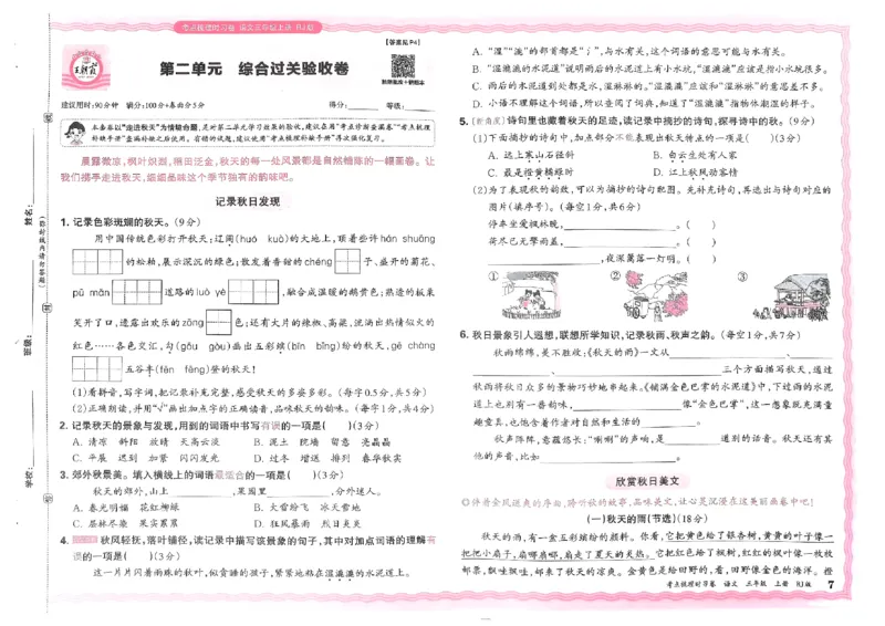 《24秋三年级上册语文考点梳理时习卷_3年级上册同步教辅合集_3上-语文_三上语文-单元＋期中＋期末试卷_三上语文-单元卷》第7页预览