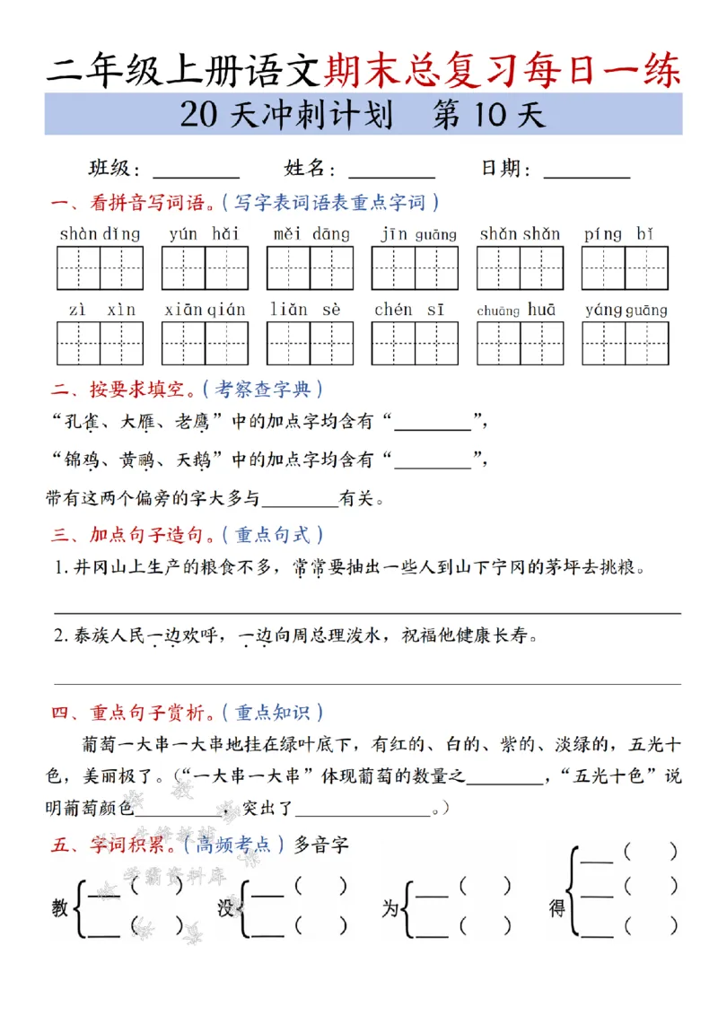 《24年二上语文期末总复习冲刺计划20天专项练习-SY_2年级上册同步教辅_2上-语文_二上语文-专项练习》第10页预览