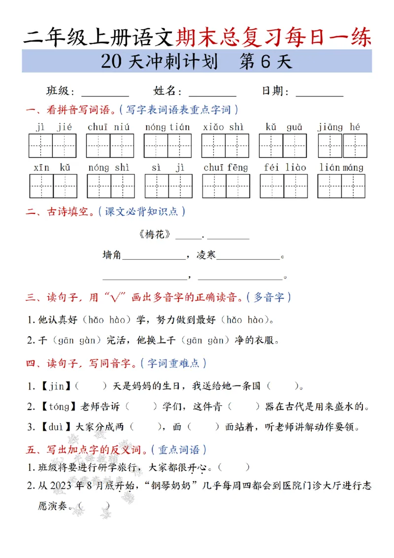 《24年二上语文期末总复习冲刺计划20天专项练习-SY_2年级上册同步教辅_2上-语文_二上语文-专项练习》第6页预览