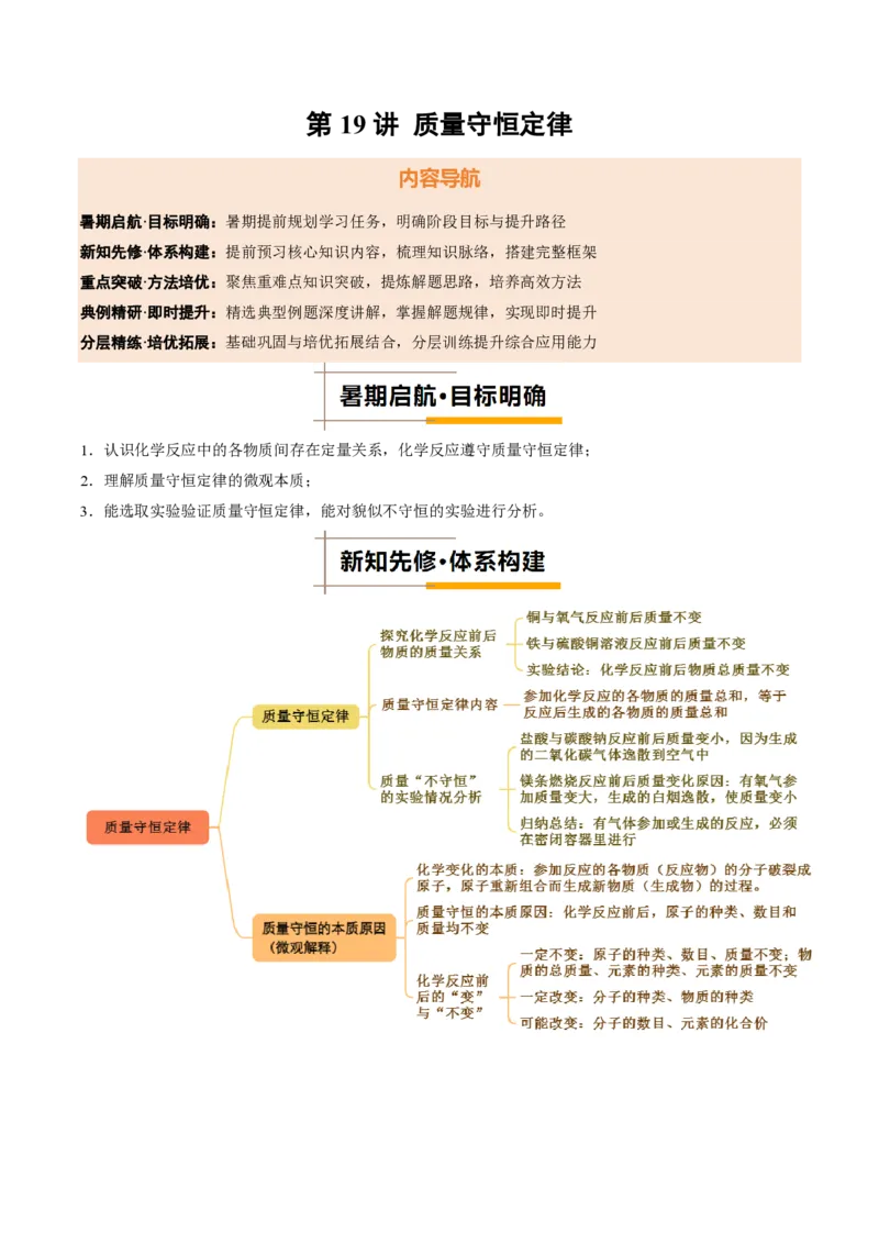 《人教2026版《暑假培优讲义》第19讲质量守恒定律（暑假培优讲义）（原卷版）_26秋初中教辅资料_26秋初中《暑假预习》_学科网上好课2026年9年级《暑假培优讲义》化学（人教版）》第1页预览