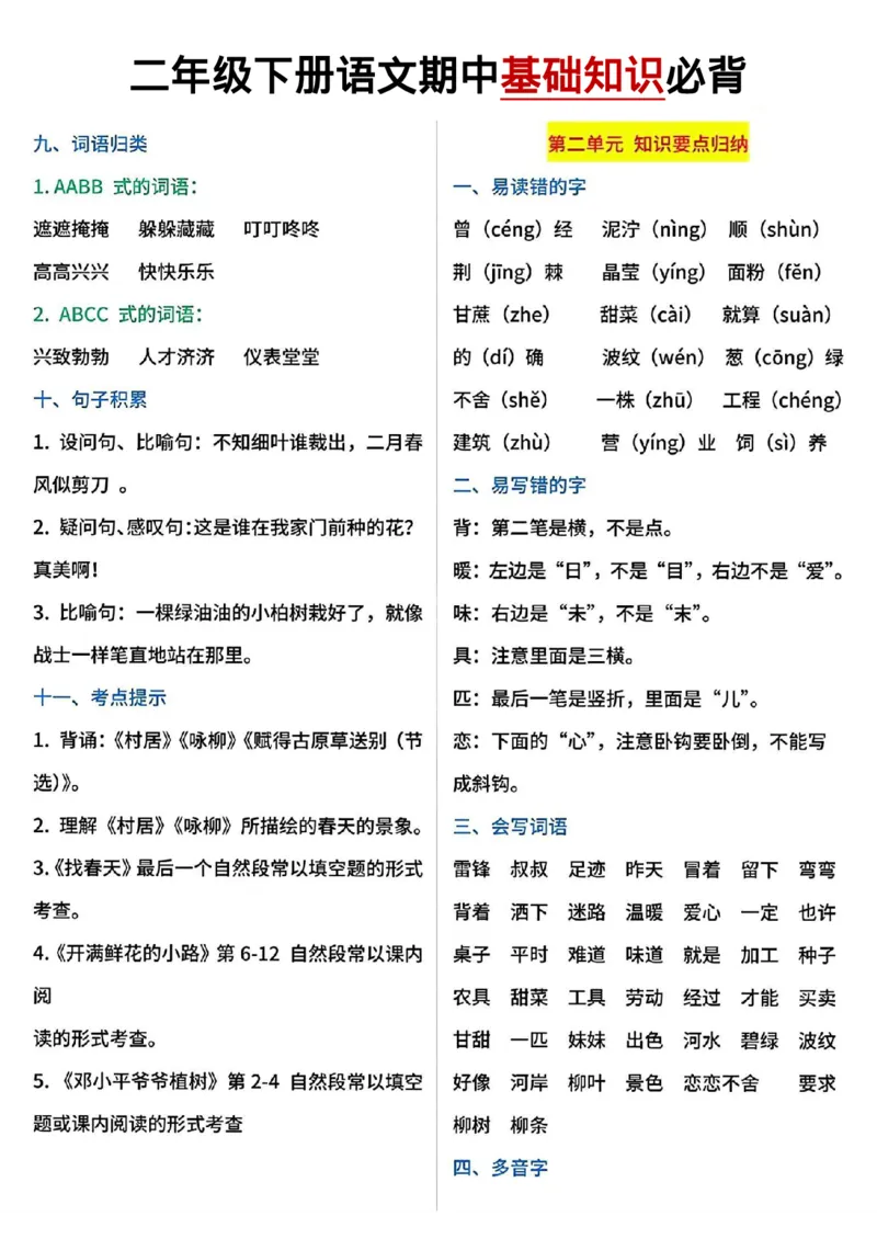 《B20131二年级下册期中基础知识必背(1)(微信564455174)_2年级下册同步教辅_2下-语文_二下语文-重点必备资料》第2页预览