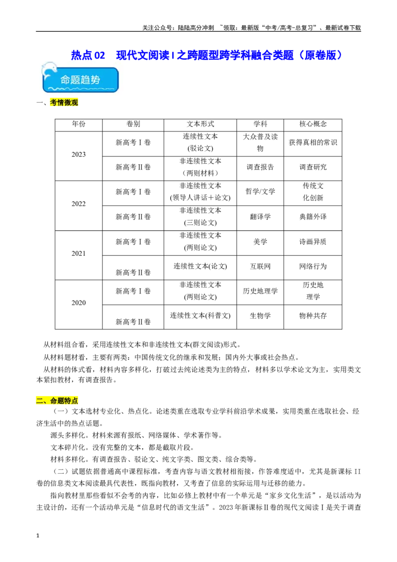 《热点02现代文阅读I之跨学科融合类题（学生版）_专项复习_2024年_2024年高考语文热点·重点·难点专练（新高考专用》第1页预览