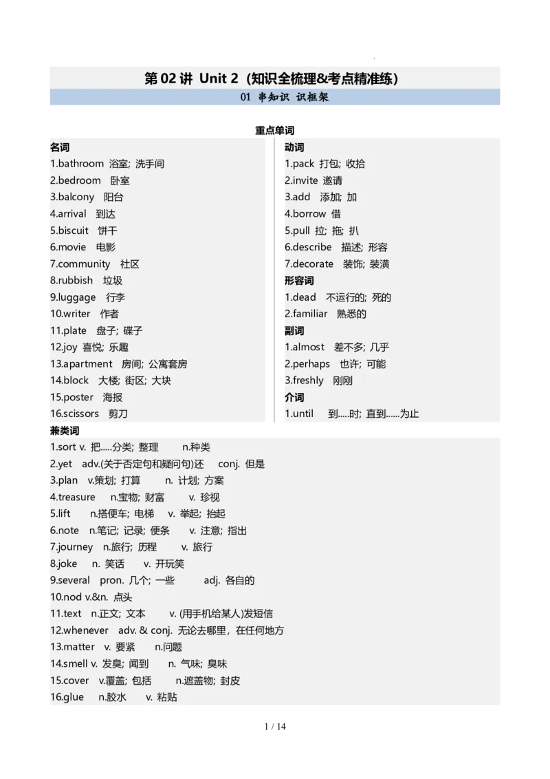《人教2026版《暑假预习讲义》第02讲Unit2（知识全梳理&考点精准练）（原卷版）_26秋初中教辅资料_26秋初中《暑假预习》_（英语）2026版初中《暑假衔接讲义》新8年级上册（人教）02套》第1页预览