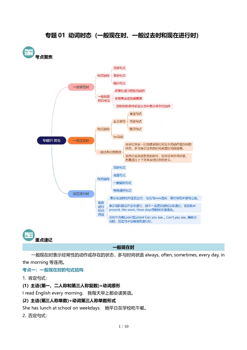 《人教2026版《暑假复习讲义》专题01动词时态（一般现在时、一般过去时和现在进行时）（原卷版）_26秋初中教辅资料_26秋初中《暑假预习》》第1页预览
