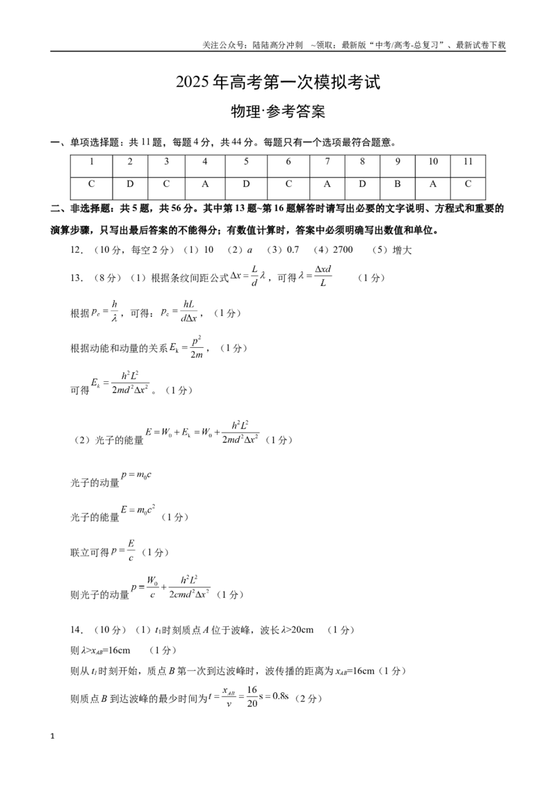 《物理（江苏卷01）（参考答案）_04-物理-高考总复习_专项复习_2025年_2025年高考第一二三次模拟卷（多地区）物理_2025年高考物理第一次模拟卷24套》第1页预览
