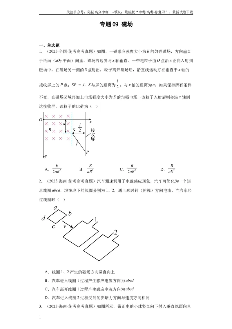 《专题09磁场(学生版)_04-物理-高考总复习_专项复习_2024年_2019-2023高考物理五年真题分项汇编（全国通用）》第1页预览