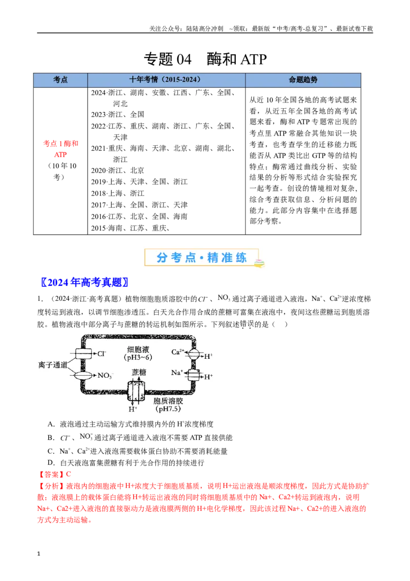 《专题04酶和ATP-（全国通用）（解析版）_06-生物-高考总复习_专项复习_2025年_十年（2015-2024）高考生物真题分类汇编（全国通用）》第1页预览