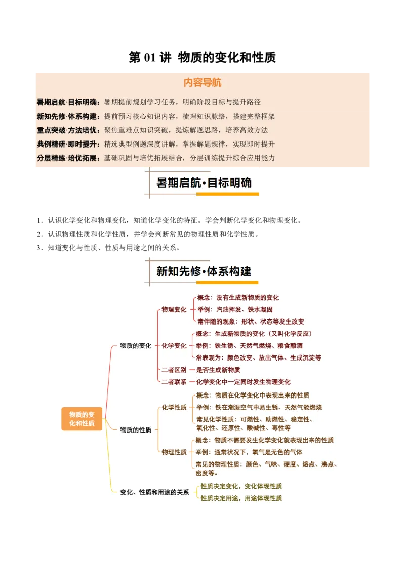 《人教2026版《暑假培优讲义》第01讲物质的变化和性质（培优讲义）（原卷版）_26秋初中教辅资料_26秋初中《暑假预习》_学科网上好课2026年9年级《暑假培优讲义》化学（人教版）》第1页预览