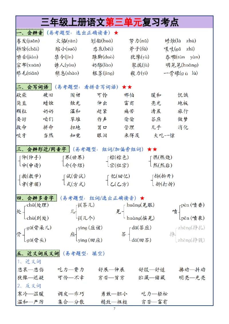 《24年三年级上册语文1-8单元复习考点大总结(1)_3年级上册同步教辅合集_3上-语文_三上语文-核心考点》第7页预览