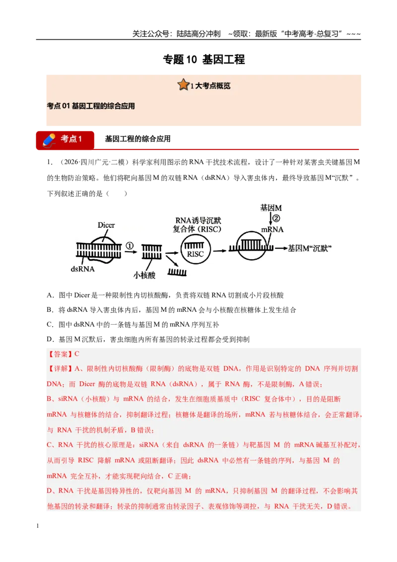 《专题10基因工程（1大考点）（教师版）_06-生物-高考总复习_专项复习_2026年-生物高考专项复习_2026年高考生物二模试题分类汇编（四川专用）-G282_2026版》第1页预览