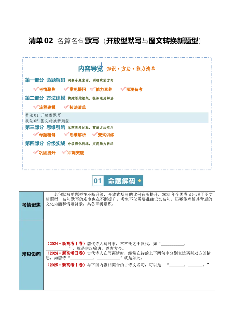 《清单02名篇名句默写（开放型默写与图文转换新题型）（知识·方法·能力清单）（全国通用）（教师版）(1)_二轮复习_2026年-语文二轮复习_2026版》第1页预览