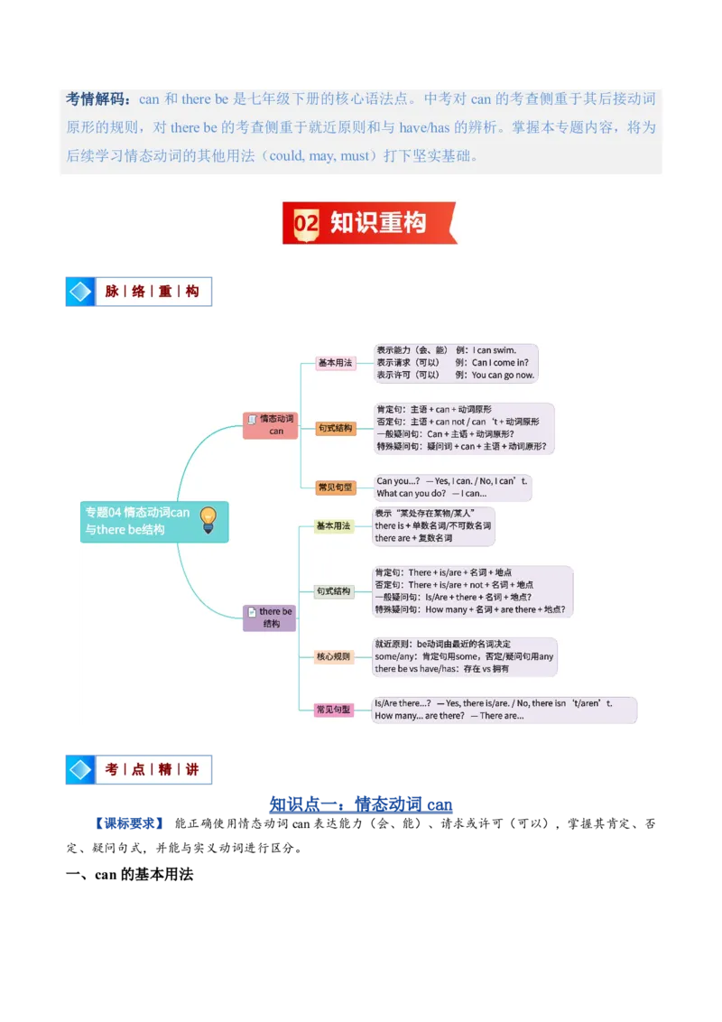 《人教2026《暑假复习讲义》专题04情态动词can与therebe结构（暑假复习讲义）（原卷版）_26秋初中教辅资料_26秋初中《暑假预习》_2026秋《暑假复习讲义》7上英语》第2页预览