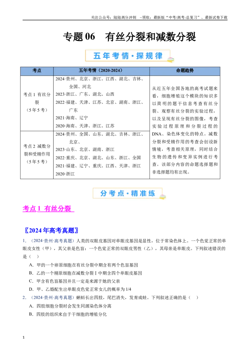 《专题06有丝分裂和减数分裂（原卷版）_06-生物-高考总复习_专项复习_2024年_2024年高考生物真题分类汇编（全国通用）》第1页预览