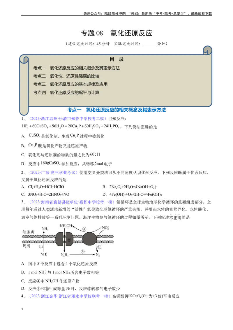《专题08氧化还原反应-（原卷版）_05-化学-高考总复习_一轮复习_2024年_2024年高考化学一轮复习基础考点必刷好题（新教材新高考）_资料》第1页预览