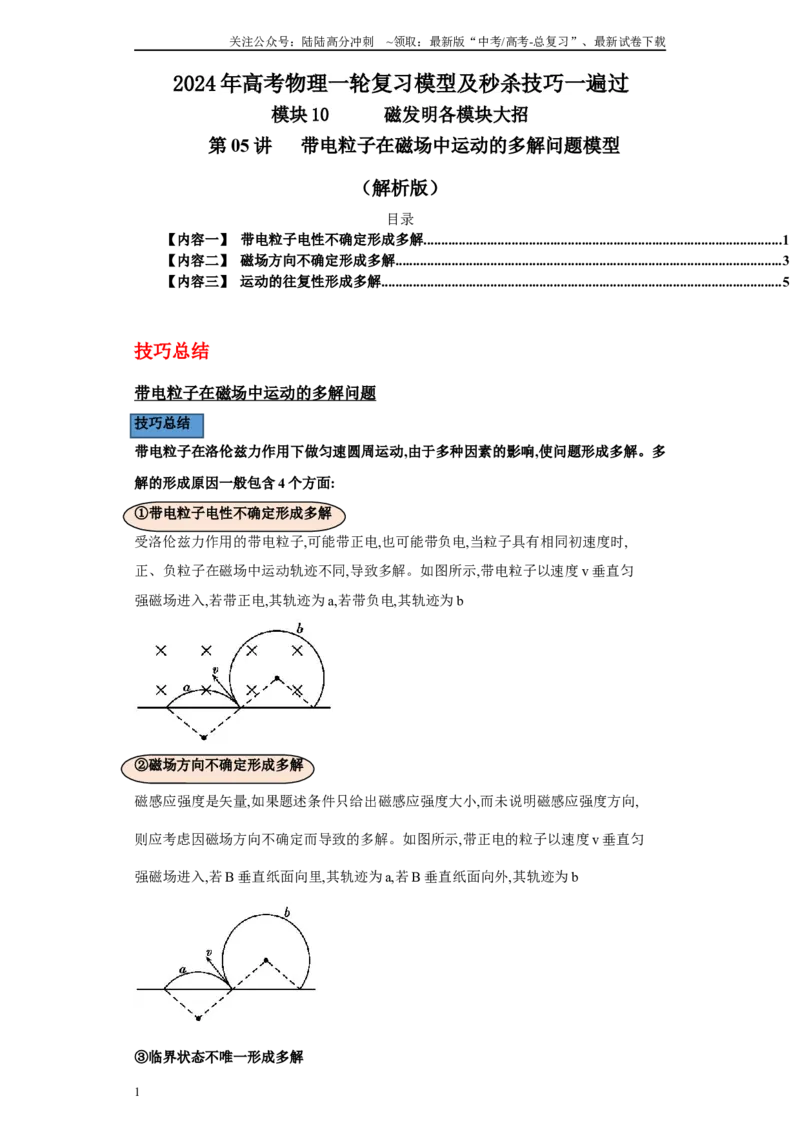 《第05讲带电粒子在磁场中运动的多解问题模型（解析版）_04-物理-高考总复习_一轮复习_2024年_2024年高考物理一轮复习模型解题技巧巩固练习备考_第十章磁发明各模块之分析(7)份》第1页预览