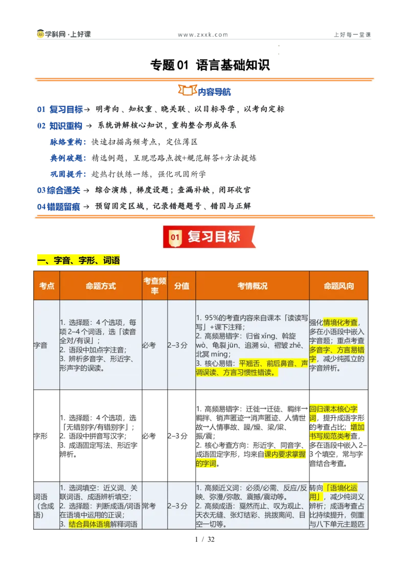 《专题01语言基础知识（暑假复习讲义）（解析版）_26秋小学初中各机构教辅大合集（一本、教材帮、阳光同学、王朝霞、实验班、小典中点、上分卷、白欧、课堂笔记等等）_暑假复习讲义》第1页预览