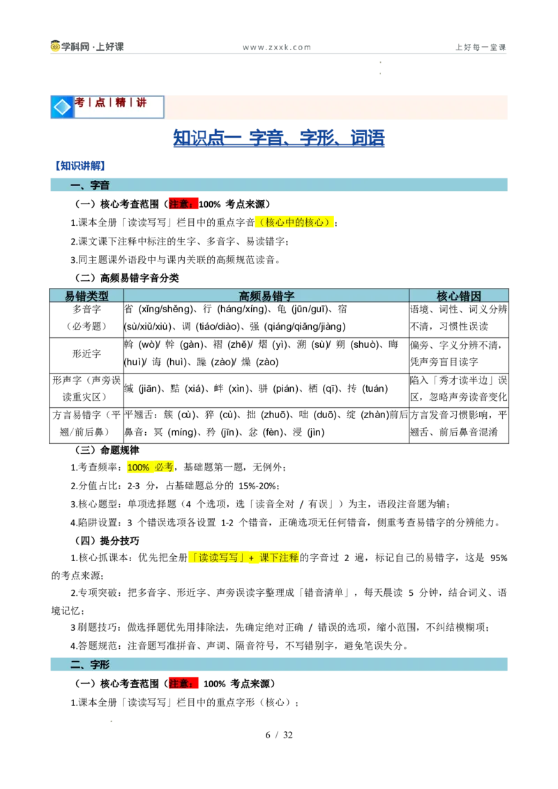 《专题01语言基础知识（暑假复习讲义）（解析版）_26秋小学初中各机构教辅大合集（一本、教材帮、阳光同学、王朝霞、实验班、小典中点、上分卷、白欧、课堂笔记等等）_暑假复习讲义》第6页预览