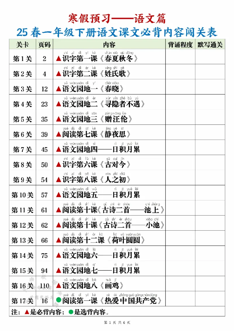 《25春一年级下册寒预习背诵闯关表+内容SY(1)_1年级下册同步教辅_1下-语文_一下语文-预习资料》第1页预览