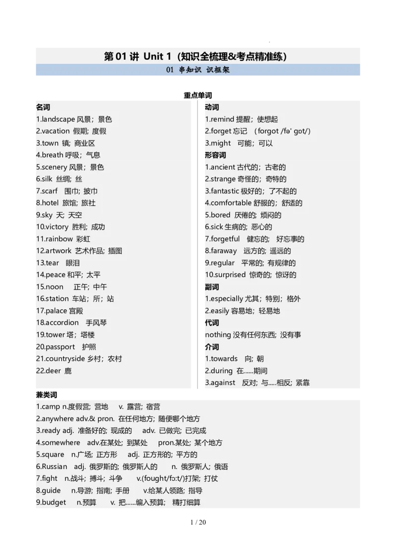 《人教2026版《暑假预习讲义》第01讲Unit1（知识全梳理&考点精准练）（解析版）_26秋初中教辅资料_26秋初中《暑假预习》_（英语）2026版初中《暑假衔接讲义》新8年级上册（人教）02套》第1页预览