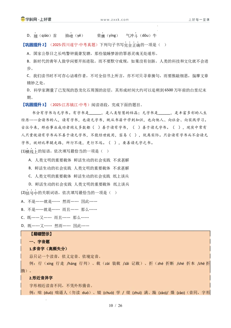 《专题01语言基础知识（暑假复习讲义）（原卷版）_26秋小学初中各机构教辅大合集（一本、教材帮、阳光同学、王朝霞、实验班、小典中点、上分卷、白欧、课堂笔记等等）_暑假复习讲义》第10页预览