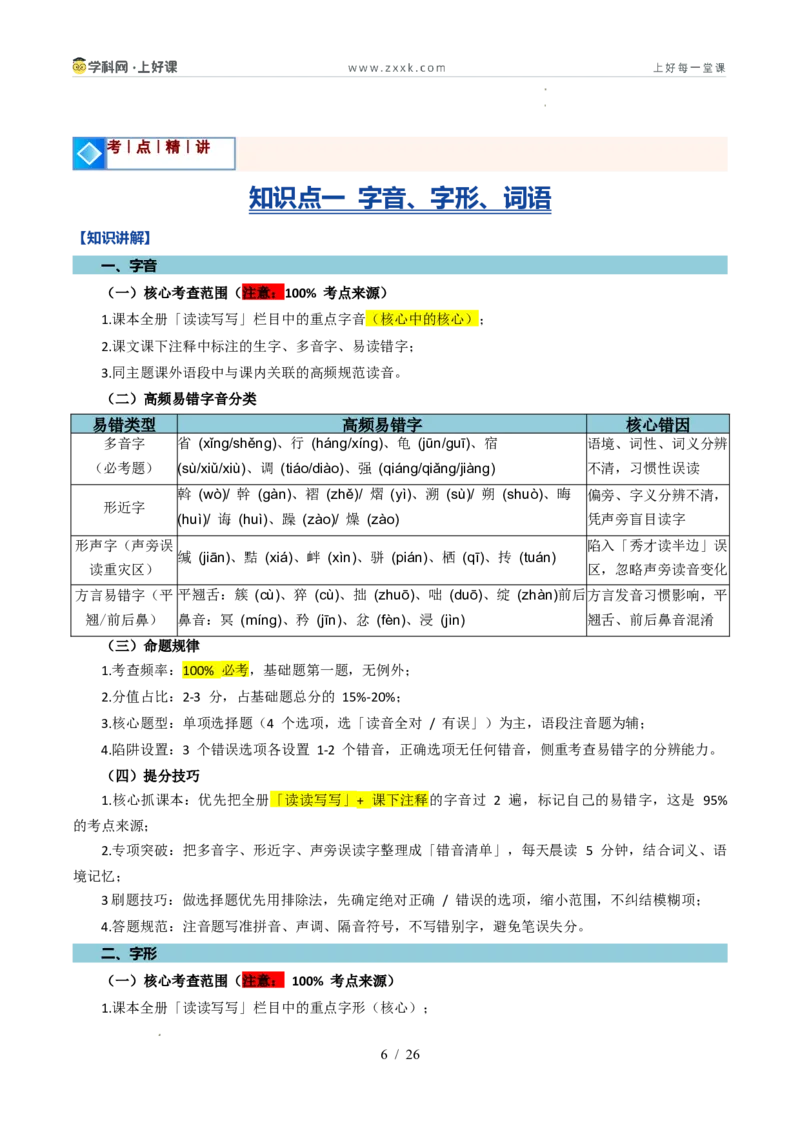 《专题01语言基础知识（暑假复习讲义）（原卷版）_26秋小学初中各机构教辅大合集（一本、教材帮、阳光同学、王朝霞、实验班、小典中点、上分卷、白欧、课堂笔记等等）_暑假复习讲义》第6页预览