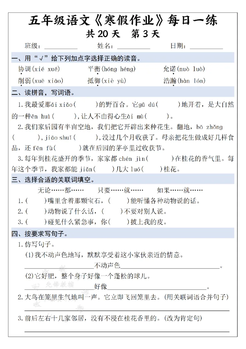 《25学年五上语文寒假作业每日一练--20天打卡白鹭SY_5年级下册同步教辅_5下语数英寒假作业》第3页预览