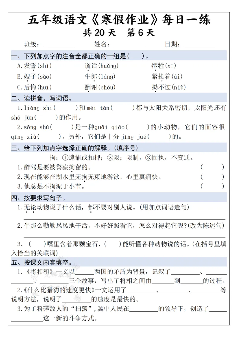 《25学年五上语文寒假作业每日一练--20天打卡白鹭SY_5年级下册同步教辅_5下语数英寒假作业》第6页预览