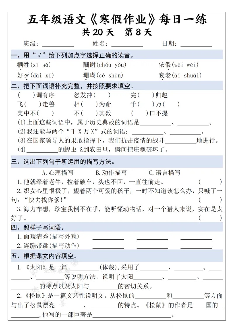 《25学年五上语文寒假作业每日一练--20天打卡白鹭SY_5年级下册同步教辅_5下语数英寒假作业》第8页预览