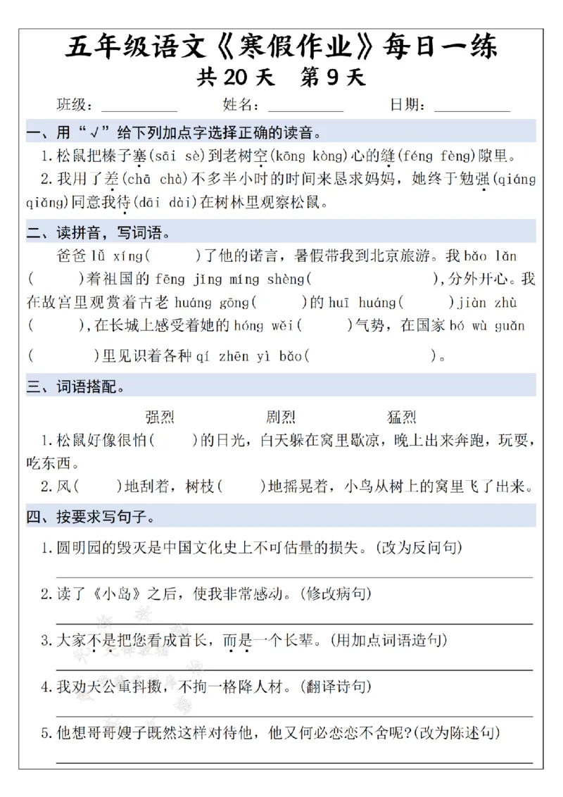 《25学年五上语文寒假作业每日一练--20天打卡白鹭SY_5年级下册同步教辅_5下语数英寒假作业》第9页预览