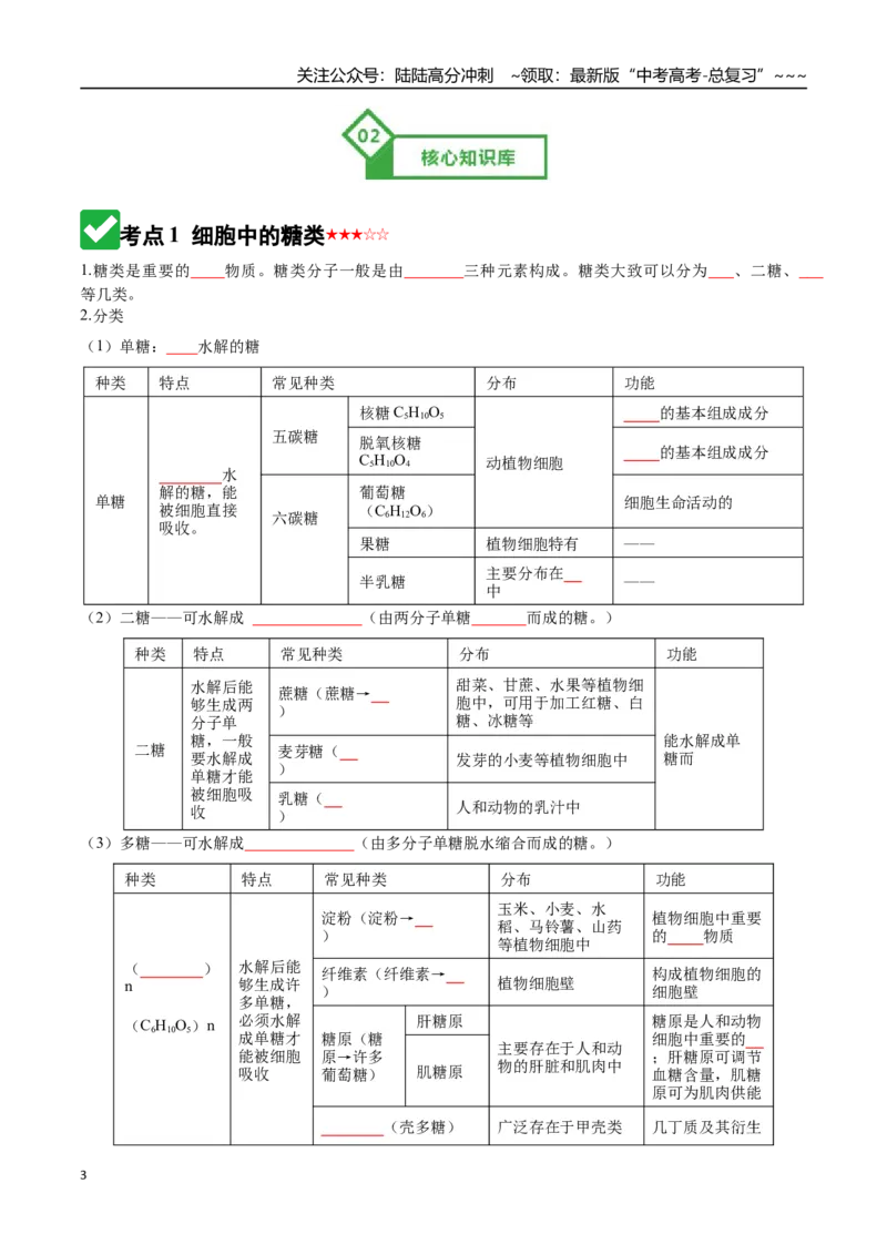 《第03讲糖类和脂质（知识清单）（全国通用）（学生版）_06-生物-高考总复习_一轮复习_2026年-生物高考一轮复习_2026年高考生物一轮复习知识清单（全国通用）-G56_2026版》第3页预览