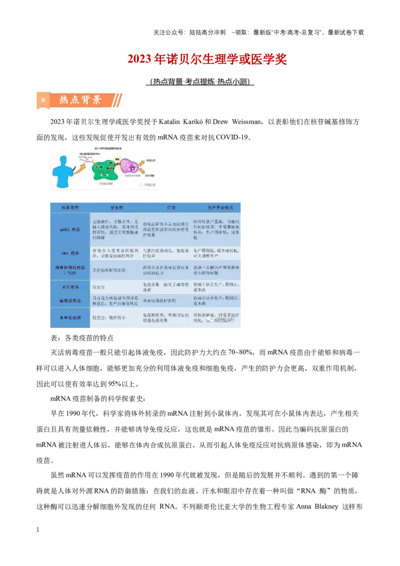 《热点052023年诺贝尔生理学或医学奖-（解析版）_06-生物-高考总复习_专项复习_2024年_2024年高考生物热点情境解读与知识链接8份_资料_1-资料》第1页预览