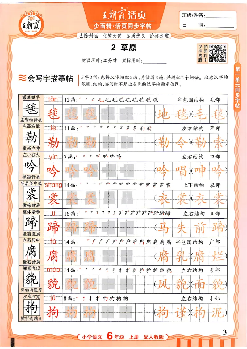 《26秋6上语文《王朝霞-活页同步字帖》_26秋小学初中各机构教辅大合集（一本、教材帮、阳光同学、王朝霞、实验班、小典中点、上分卷、白欧、课堂笔记等等）_26秋小学教辅资料》第3页预览