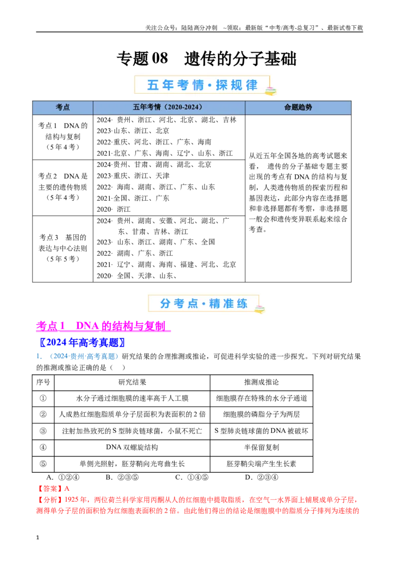 《专题08遗传的分子基础（解析版）_06-生物-高考总复习_专项复习_2024年_2024年高考生物真题分类汇编（全国通用）》第1页预览