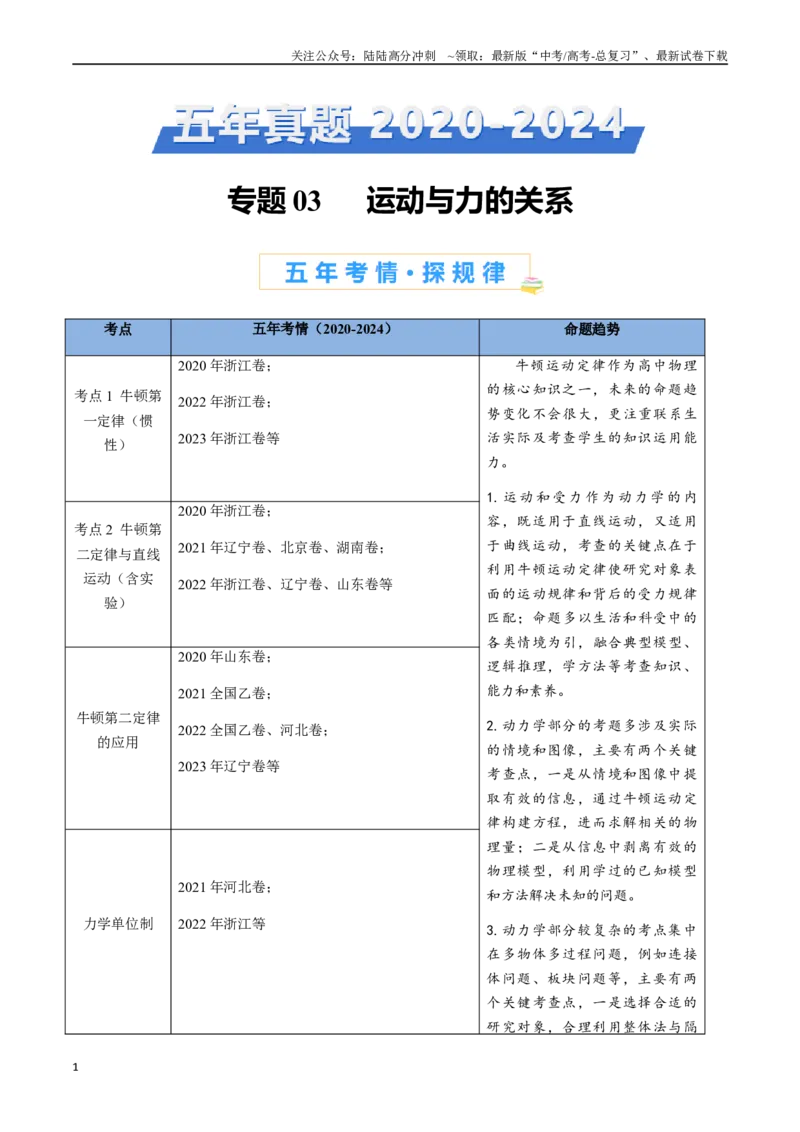 《专题03运动和力的关系（解析版）_04-物理-高考总复习_专项复习_2024年_2024年高考物理真题分类汇编（全国通用）》第1页预览