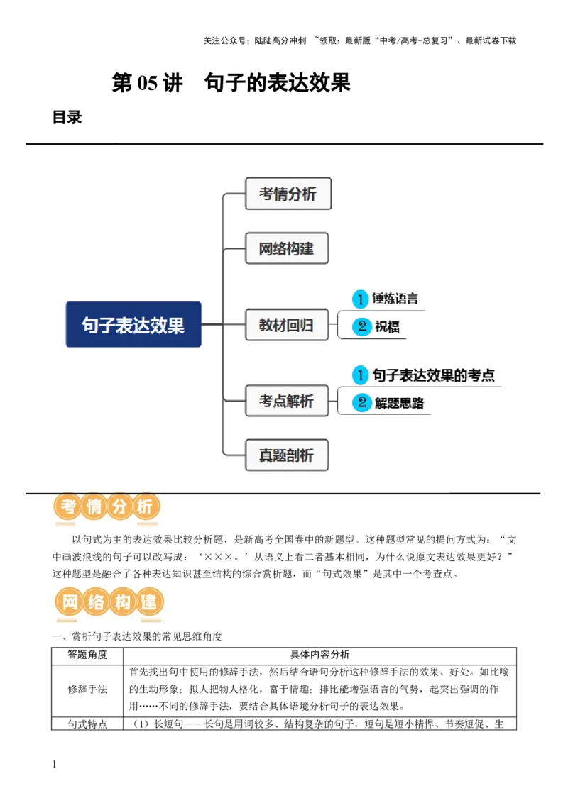 《第05讲句子的表达效果（讲义）（解析版）_一轮复习_2024年_2024年高考语文一轮复习讲练测（课件+讲义+练习）（新高考）_第三部分语言文字运用_第05讲句子的表达效果（讲义）》第1页预览