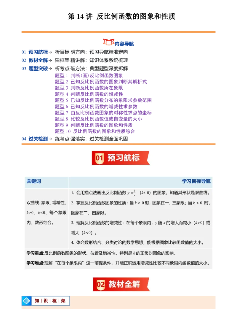《人教2026版初中《暑假预习讲义》第14讲反比例函数的图象和性质(10类重点题型+过关检测)(原卷版)_26秋初中教辅资料_26秋初中《暑假预习》》第1页预览