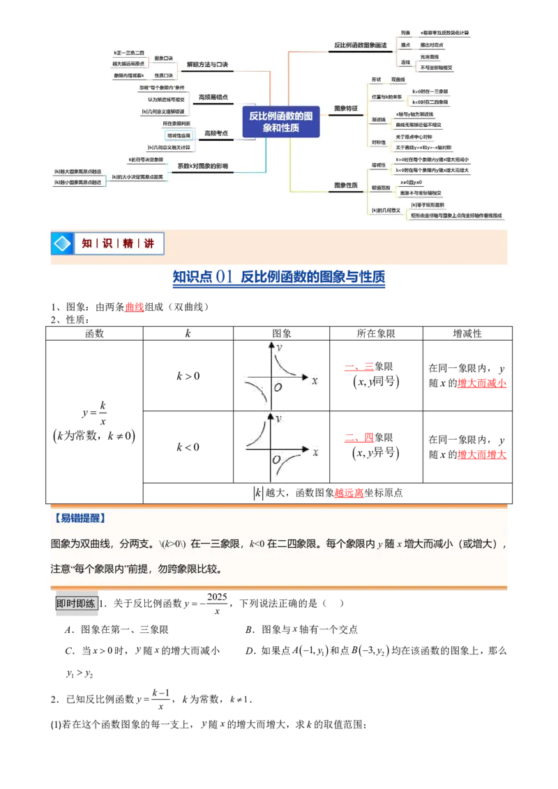 《人教2026版初中《暑假预习讲义》第14讲反比例函数的图象和性质(10类重点题型+过关检测)(原卷版)_26秋初中教辅资料_26秋初中《暑假预习》》第2页预览