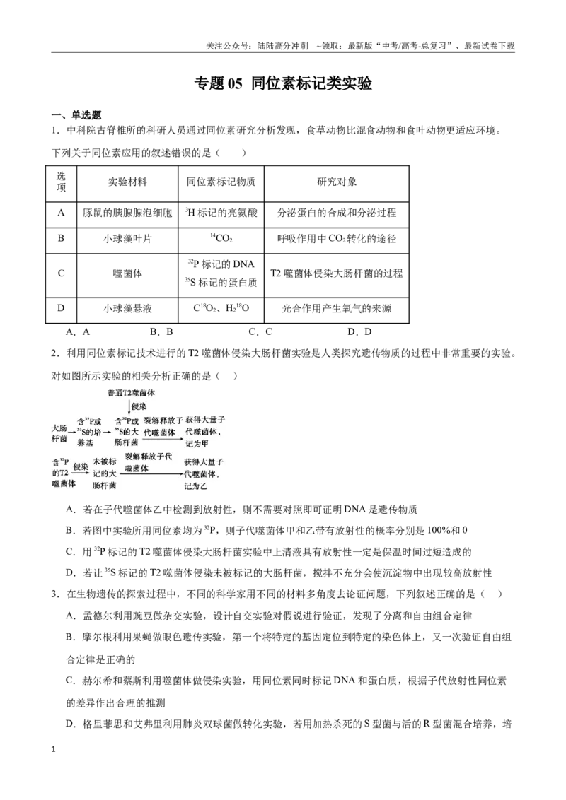 《专题05同位素标记类实验（原卷版）_06-生物-高考总复习_专项复习_2024年_2024年高考生物实验专项训练_资料》第1页预览