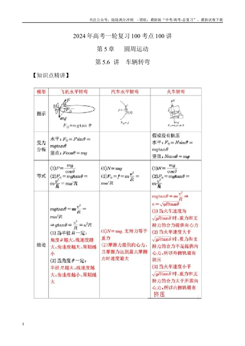 《5.6车辆转弯（解析版）高考一轮复习100考点100讲_04-物理-高考总复习_一轮复习_2024年_2024年高考物理一轮复习100考点100讲_资料》第1页预览